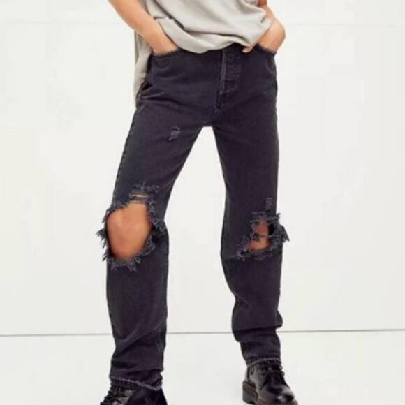 Free People Lasso Baggy Straight Jean 26 High Rise Distressed Black Denim - Picture 4 of 12